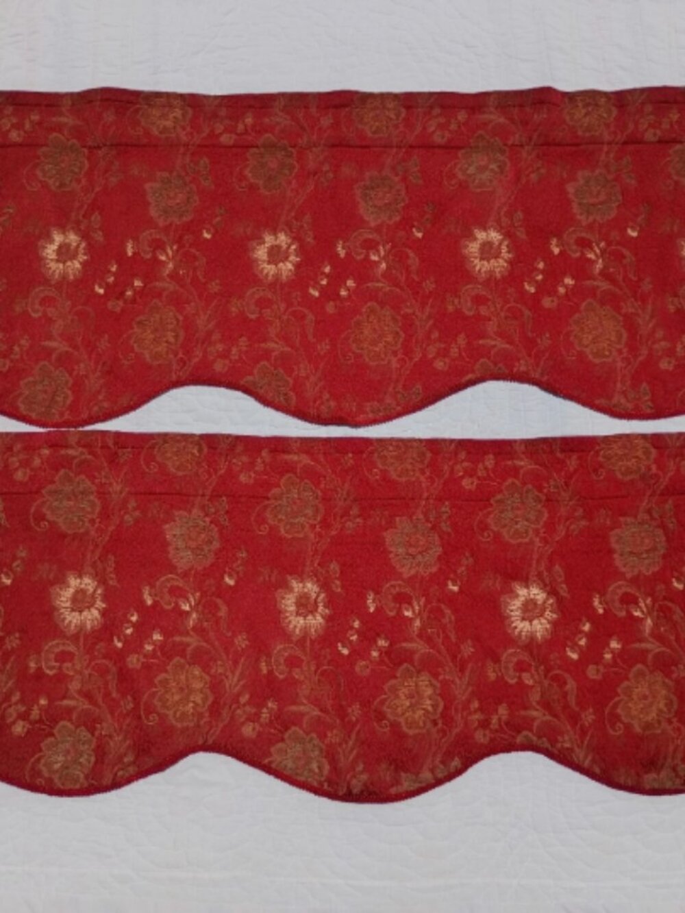 Vintage Pair of Floral Tapestry Valances Dark Red and Gold Scalloped 52" Set